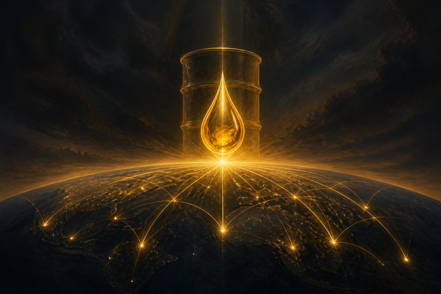 Atmospheric illustration: crude oil and radiating light — vision of participation for everyone.